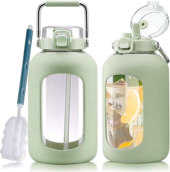 Large Glass Water Bottles with Stainless Steel Handle,100 oz Gallon Drinking Bottle with 2-in-1 Straw Lid,3 Liter Glass Water Jug with Silicone Sleeve,Wide Mouth,Light Green