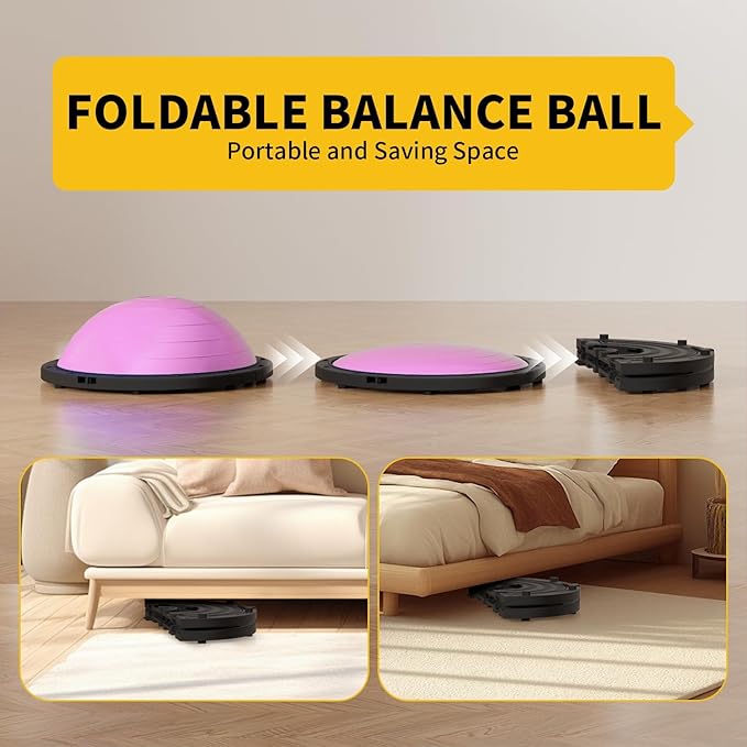 Vtory Foldable Balance Ball, Upgrate Half Ball Balance Trainer, 1300 lbs Capacity Stability Ball, 23.5 Inch Yoga Half Ball, with Resistance Band & Foot Pump, No-slip Blue Pink