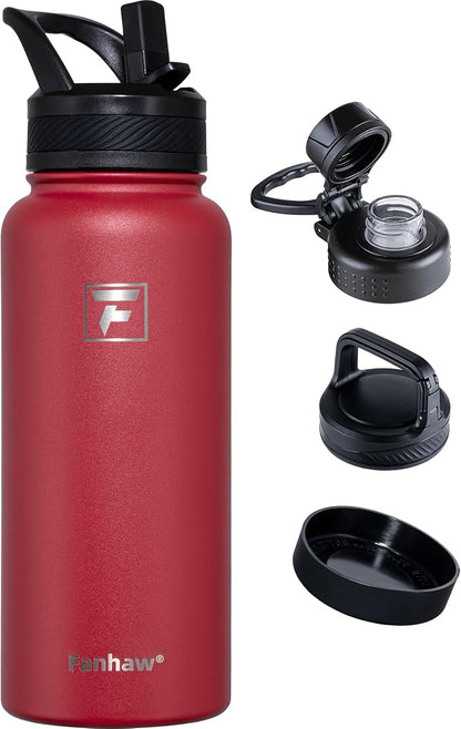 Fanhaw 32 oz Insulated Water Bottle – Portable Stainless Steel Flask with 3 Lids (Straw, Spout, Carabiner) | Leakproof, for Gym, Hiking, Work, Travel & Everyday Use (Red)