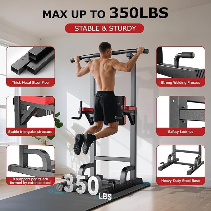 Power Tower Dip Station Pull Up Bar for Fitness Home Gym Workout,Multi-Function Adjustable Height Fitness Strength Training Exercise Equipment,with Power Elastic Ropes (Black S01)