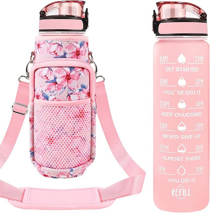 32 oz Water Bottles with Straw & Strap, Motivational Water Bottles with Times to Drink, BPA Free Reusable Sports Water Bottle with Sleeve Carrier for Hiking, Travel, Running or Fitness