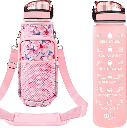 32 oz Water Bottles with Straw & Strap, Motivational Water Bottles with Times to Drink, BPA Free Reusable Sports Water Bottle with Sleeve Carrier for Hiking, Travel, Running or Fitness