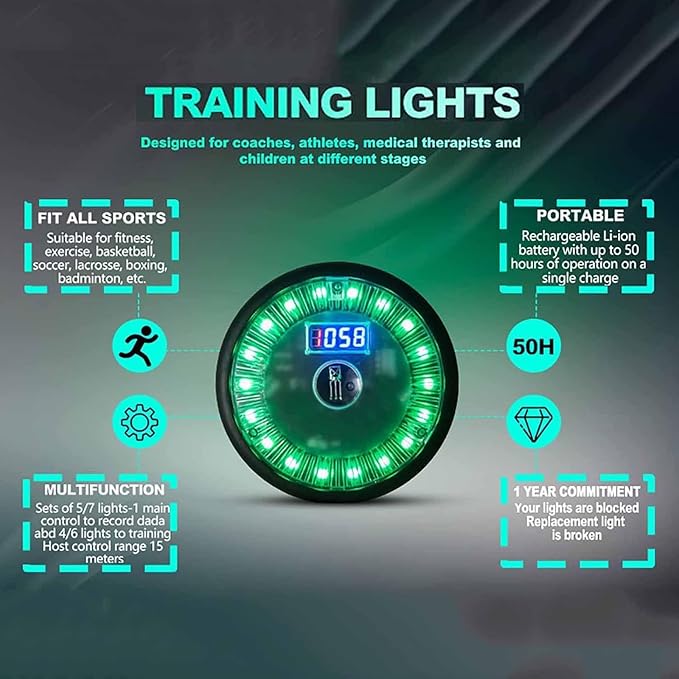 Reaction Training LED Lights, Reaction Training Light Kits with Organizing Box, 1 Main Control Light and 6 Training Lights, 15 M Control Distance, for Basketball, Fitness, Fighting, Football