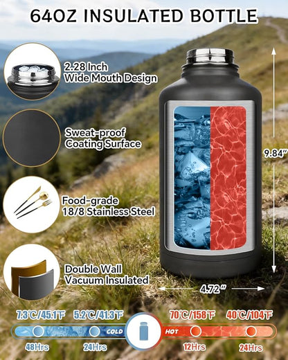 COOLYARD 64 oz Water Bottle Insulated with Sleeve Half Gallon Military Water Jug Metal Gym Water Bottles for Men Women Black