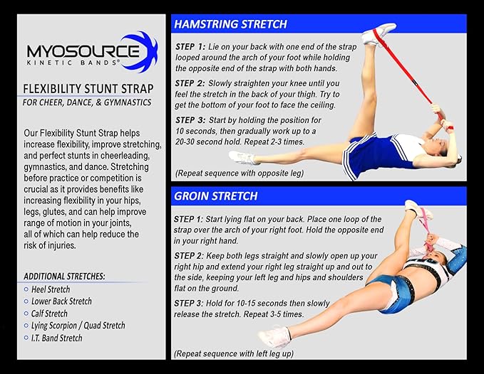 Myosource Kinetic Bands Cheerleading Flexibility Stunt Strap - Improve Stretching and Stunts for Cheer Dance Gymnastics & Physical Therapy – Stocking Stuffers Present for Kids Girls Adults - 12 Colors