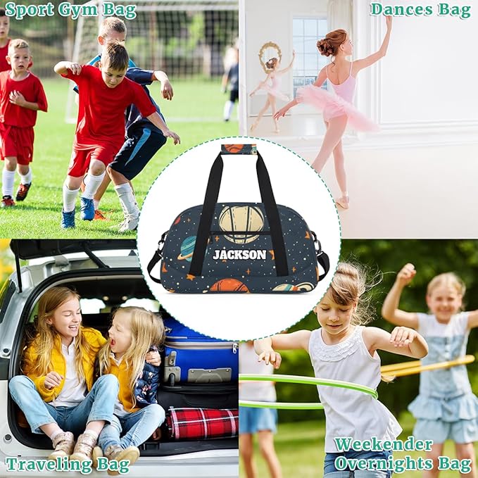 Personalized Basketball Gym Duffel Bags with Name for Kids Boys, Custom Sport Training Travel Bags for Overnight Weekender, Dark Blue Space
