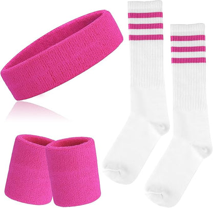 ONUPGO 5 Pieces Sweatbands Striped Socks Set Sports Headband Wristbands High Tube Socks 80s Accessories Costumes