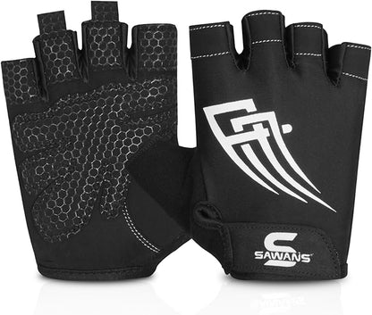 SAWANS Weight Lifting Gym Gloves for Men and Women Workout Training Breathable Lightweight Fitness Gloves Non-Slip Silicone Padded Palm Grip Protection Half Finger Exercise Pull ups