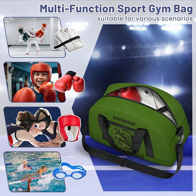 Custom Name Taekwondo Karate Duffle Bag for kids Boy Girls - Personalized Martial Arts Gear Bag, Water-Resistant Sparring Equipment Bag, Taekwondo Green