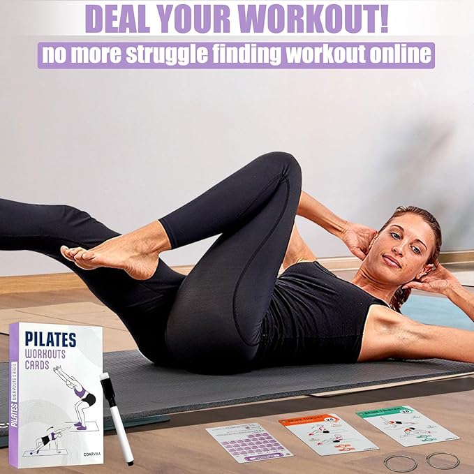 Pilates Workouts for Women-58 Exercise Cards with Pilates Mat Workout Postures，ncludes 4-Week Challenge,2 Rings& Dry-Erase for Easy Organization-Home, Gym or Studio
