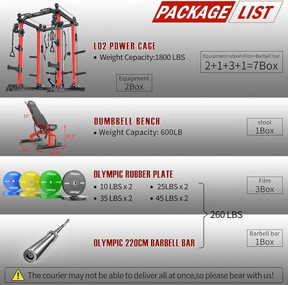 Power Cage Multi-Function Power Rack with Cable Crossover System,1800 LBS Capacity Squat Rack with Weight Bench,for Home Gym