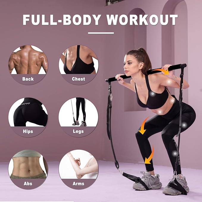 Pilates bar kit Multiple Fitness bar with Resistance Bands, Ab Rollers.Core Strength Training Equipment. Squat Machine for Men and Women.Portable Home Gym Pilates bar kit for Full Body Training Women