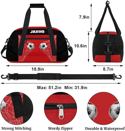 Personalized Sports Duffel Bags Name Boys, Custom Gym Weekender Overnight Sleepover Bag Waterproof Training Duffel Bag for Travel, Black Red Soccer