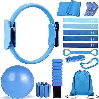 Pilates Ring Set with Adjustable Resistance - Full Body Workout Kit for Women, Portable Travel Bag & Anti-Slip Accessories - Blue