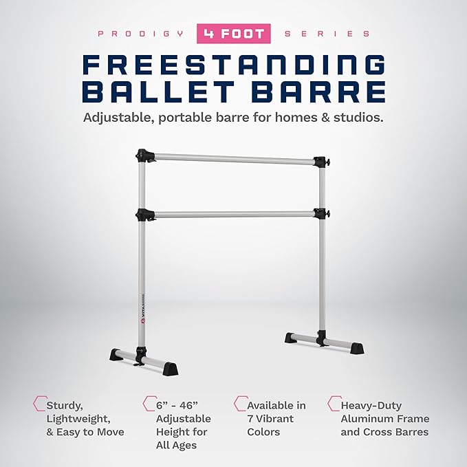 VITA Barre Portable Freestanding Double Ballet Barre, Prodigy, Aluminum | Adjustable Height, USA Made, Home or Gym Exercise Equipment for Kids & Adults | Dance, Fitness, Pilates