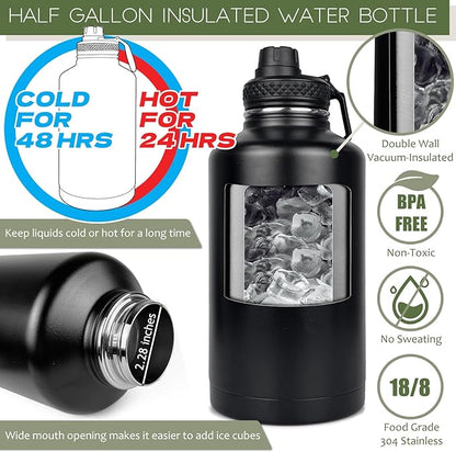 Half Gallon Water Bottle with Sleeve Gym Water Bottles for Men Stainless Steel 64 Oz Big Insulated Water Jug with Strap Sports Workout Hiking All Black