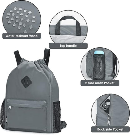 WANDF Drawstring Backpack Sports Gym Bag with Shoes Compartment, Water-Resistant String Backpack Cinch for Women Men(Large,Grey)