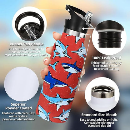 Shark Sport Water Bottle with Straw, Vacuum Insulated Stainless Steel Thermal Drinking Travel Mug Cups For Gym Fitness Camping-20oz/600ml