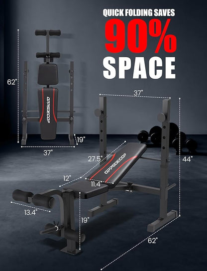 OPPSDECOR Adjustable Weight Bench Set with Squat Rack, 3 Sec Folding Workout Bench for Full Body Exercise, 600LBS All-in-One Bench Press with Leg Curl & Leg Extension, Incline Decline Flat Home Gym Bench for Teens Adults