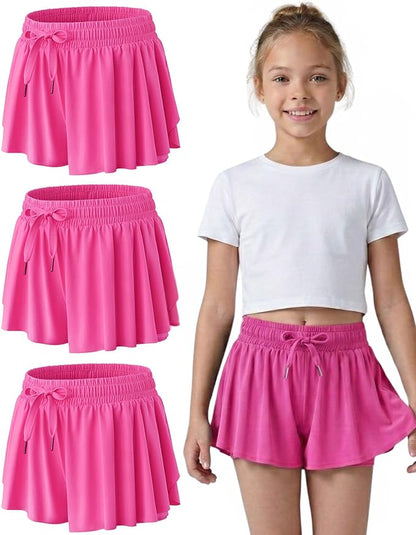 3 Pack Girls Flowy Shorts with Spandex Liner 2-in-1 Youth Butterfly Skirts for Fitness, Running, Sports