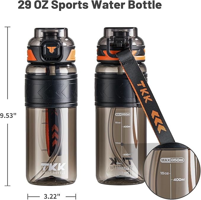 TKK Sports Water Bottles with Removable Straw 29 oz Leak-proof Flip Top Lid BPA Free Tritan Bottles with Strap for School, Fitness, Gym, Outdoor, Black