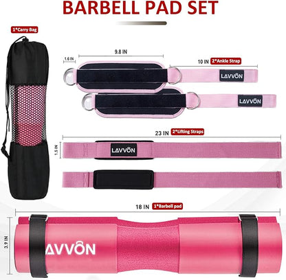 Squat Pad Set - Foam Barbell Pad for Squats Cushion, Lunges & Bar Padding for Hip Thrusts - Standard Olympic Weight Bar Pad - With Ankle Straps, Wrist Straps for Weightlifting