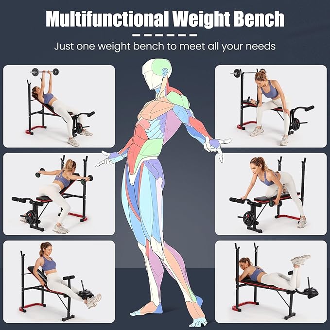 OPPSDECOR 661LBS Weight Bench Set, 8 in 1 Adjustable Bench Press with Squat Rack Leg Extension & Leg Curl Workout Bench with Safety Bar Catches Standard Weight Training Benches for Home Gym
