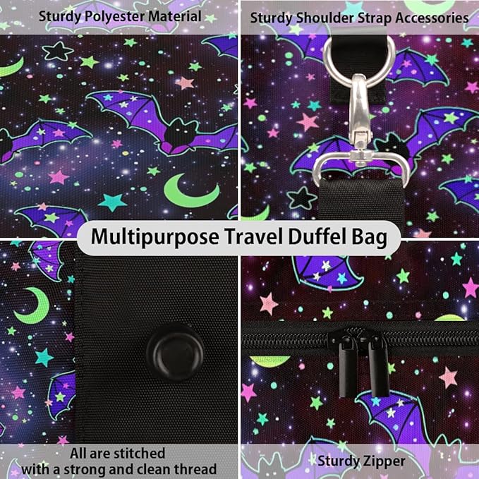 Travel Duffel Bag Bat Galaxy Moon Flower Sport Tote Gym Bag Waterproof Foldable Carryon Weekend Overnight Training Handbag Sports Duffle Bags for Women Men Boys Girls