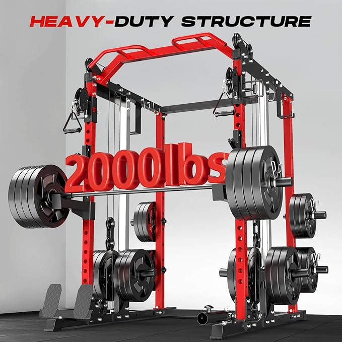Power Cage Home Gym, Dual Pulley Cable Crossover System, All-in-One Squat Power Rack with Strength Training Attachments for Full-Body Workouts