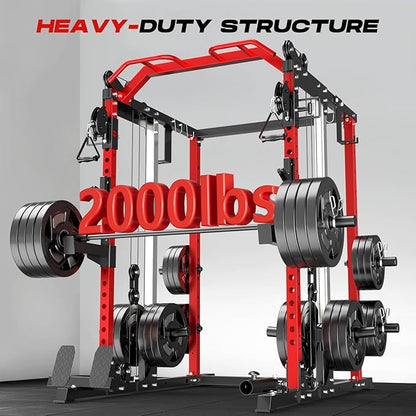 Power Cage Home Gym, Dual Pulley Cable Crossover System, All-in-One Squat Power Rack with Strength Training Attachments for Full-Body Workouts