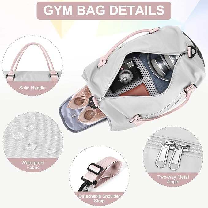 Gym Bag for Women with Shoes Compartment Small Duffel Bag Sport bag with Toiletry Bag Overnight Travel Tote Bags Weekender Carry on Bags Personal Item Bag for Airlines Grey Pink