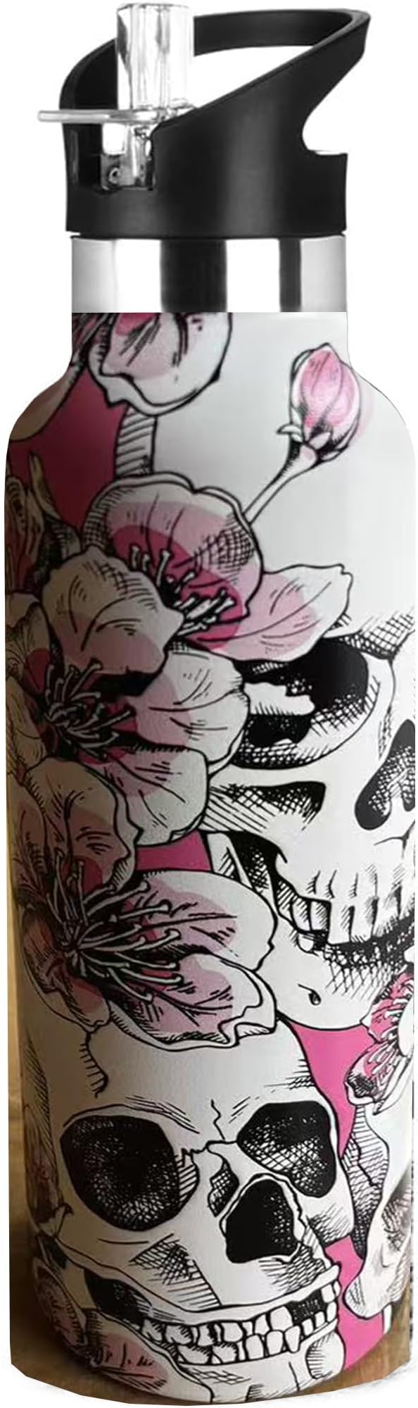 Skull Sport Water Bottle with Straw, Vacuum Insulated Stainless Steel Thermal Drinking Travel Mug Cups For Gym Fitness Camping-20oz/600ml