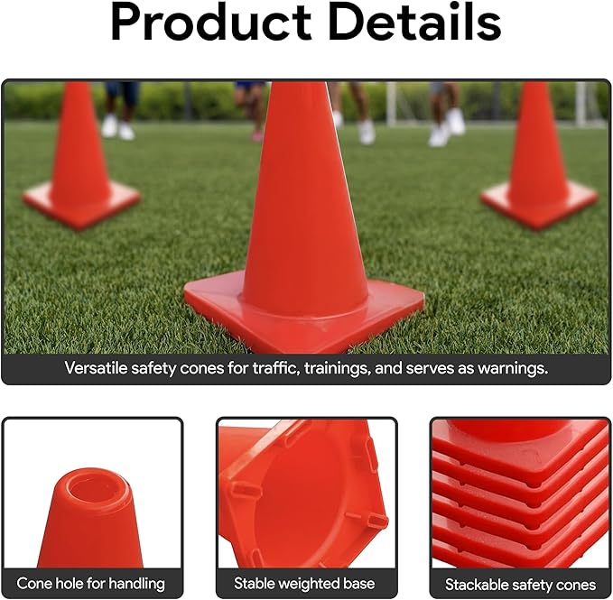Heavy Duty Agility Training Cones (2 in, 6 in, 9 in, 12 in, 18 in, 28 in) for Sports and Kids Coaching, Multipurpose Field Marker Cones, Soccer, Basketball Drills, Bike, Motorcycle Training