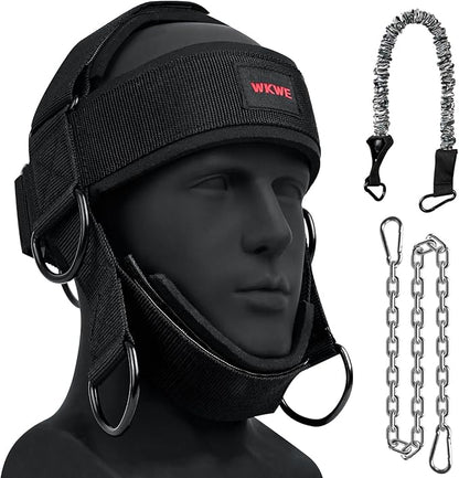 Neck Harness for Increases Neck Core Strength - Neck Exerciser with 30" Heavy Duty Steel Chain for Safely Lifting Weights Up to 280 lbs, Adjustable Head with Nylon Tether and 2 Carabiners