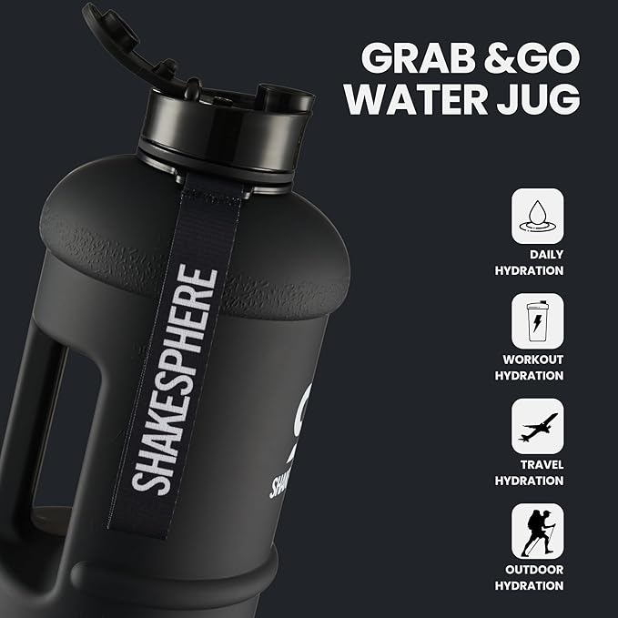 SHAKESPHERE Sports Water Bottle – 1.3L Wide Mouth Water Jug, Leakproof BPA-Free Gym Bottle for Men & Women, Great for Daily Hydration, Training, Travel, Outdoor Activities & Sports – Matte Black