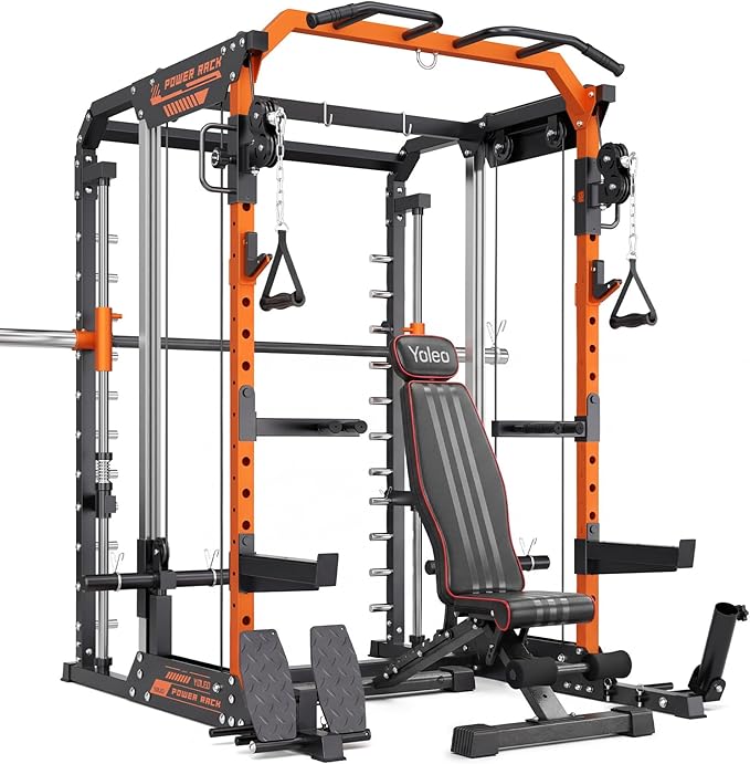 YOLEO Smith Machine & Squat Rack Combo, Multi-Functional Power Racks with Adjustable Width & Pull-Up Bar, Cable Crossover Power Cage, Independent Dual-Pulley System for Home Gym Garage Basement
