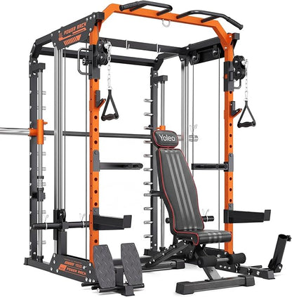YOLEO Smith Machine & Squat Rack Combo, Multi-Functional Power Racks with Adjustable Width & Pull-Up Bar, Cable Crossover Power Cage, Independent Dual-Pulley System for Home Gym Garage Basement