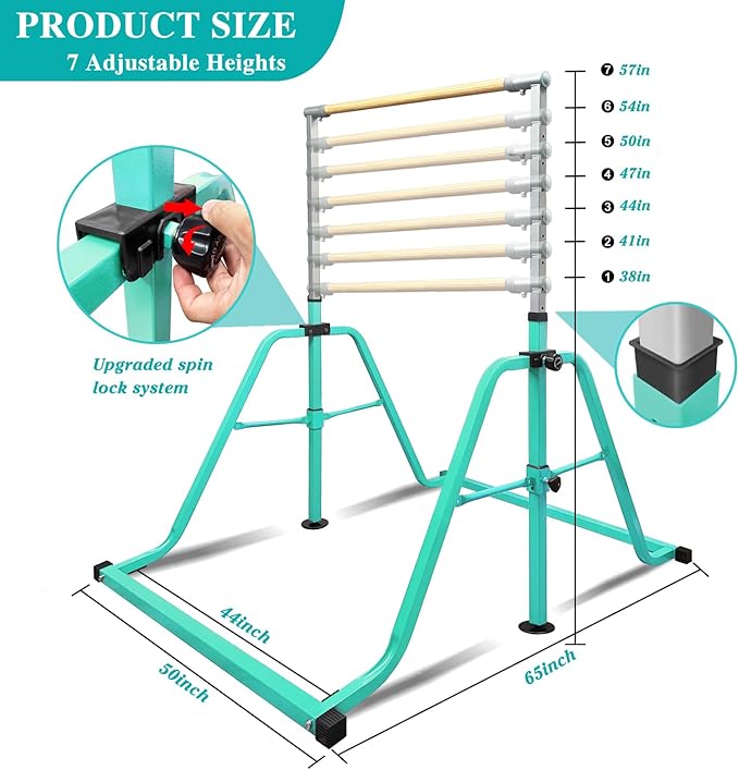 Foldable & Moveable Gymnastics Horizontal Bar with Rings,3’to 5’Adjustable Height Expandable Junior Kip Bar for Home,Indoor Gym Equipment for Kids