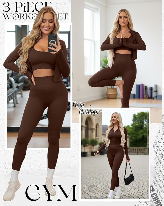 Women 3 Piece Seamless Workout Set Sports Bra High Waisted Gym Yoga Leggings Zip Up Jacket with Thumbhole Activewear