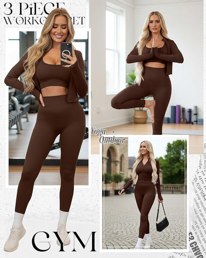 Women 3 Piece Seamless Workout Set Sports Bra High Waisted Gym Yoga Leggings Zip Up Jacket with Thumbhole Activewear