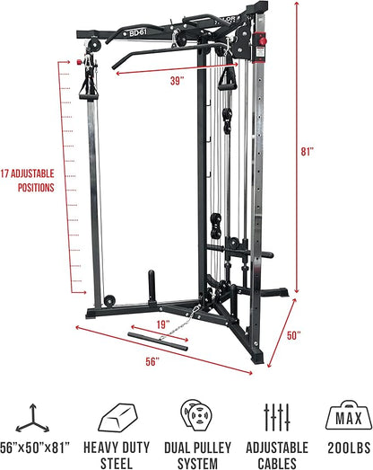 Valor Fitness Cable Crossover Machine - 17 Adjustable Positions with Pull Up Bars and Optional Bundle Attachments Max Weight 200 lb. Plate Loaded Pulley System for Home Gym Power Workout