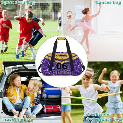 Personalized Cheerleaders' Bag with Team Number - Customized Travel Duffle Bag for Girls, Kids - Gold Purple Sequins Glitter
