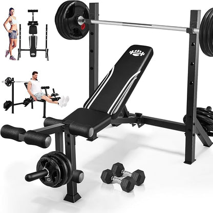 Adjustable Weight Bench Press Set 900LBS with 72''W Squat Rack & Leg Extension/Curl Foldable Workout Bench for Full Body Fitness Flat/Incline/Decline Upgrade Weight Benches for Home Gym