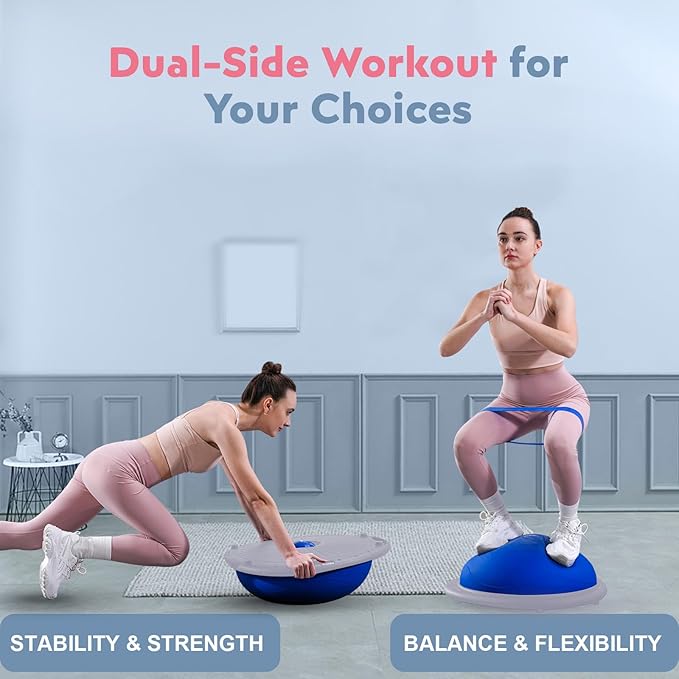 Half Balance Ball Trainer, Inflatable 19/23 Inch Half Exercise Ball with Resistance Bands and Pilates Ball, Non-Slip 660lbs Capacity Yoga Ball for Home Gym Full Body Workouts