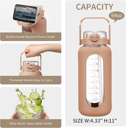 64oz Glass Water Bolttles with Straw Half Gallon Large Motivational Water Bottle with Time Marker Sports Water Bottles with Silicone Sleeve and Handle Lid Water Jug for Gym Workout
