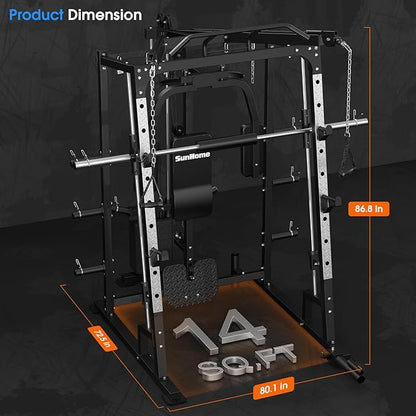 SunHome Smith Machine, Power Cage Squat Rack with Smith Bar, LAT Pull-Down Systems, Cable Crossover Machine and Cable Attachment for Home Gym