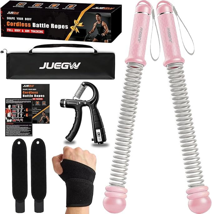 Cordless Battle Ropes for Home Workout – Ropeless Adjustable HIIT & Strength Training Kit with Hand Gripper & Wrist Wraps – Portable Full Body Fitness Equipment for Small Spaces