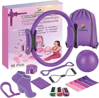 Yoga Pilates Ring Set for Home Workouts – 18 Pcs Fitness Kit for Women – Resistance & Toning Accessories with Circle Ring, Ideal for Full Body Toning & Flexibility