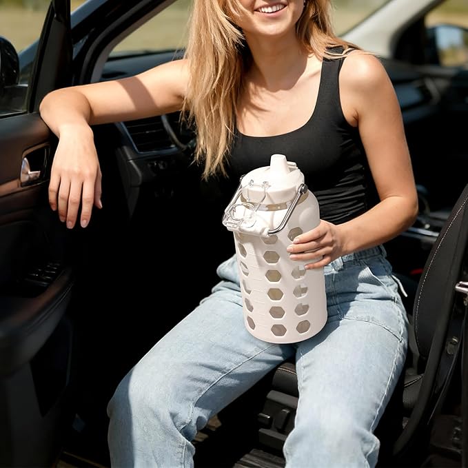 MUKOKO 84 oz Glass Water Bottles,2.5 Liter Gallon Drinking Bottle with Handle,Large Glass Water Jug with Silicone Sleeve for Gym Sports,Time Marker,Wide Mouth,White