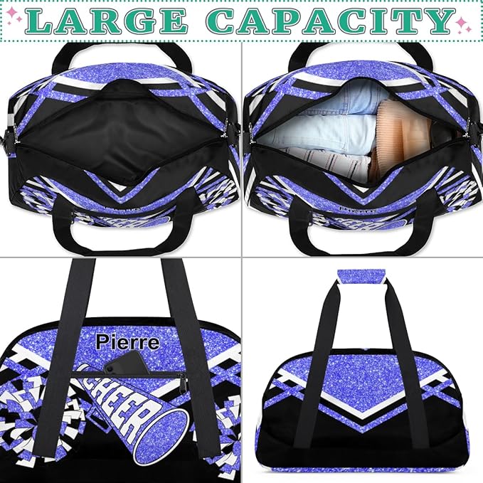Personalized Gymnastics Cheer Bag Names for Girls Teens, Custom Name Sport Fitness Duffle Gym Training Bag Travel Weekender Lightweight Bags, Light Blue Glitter Black